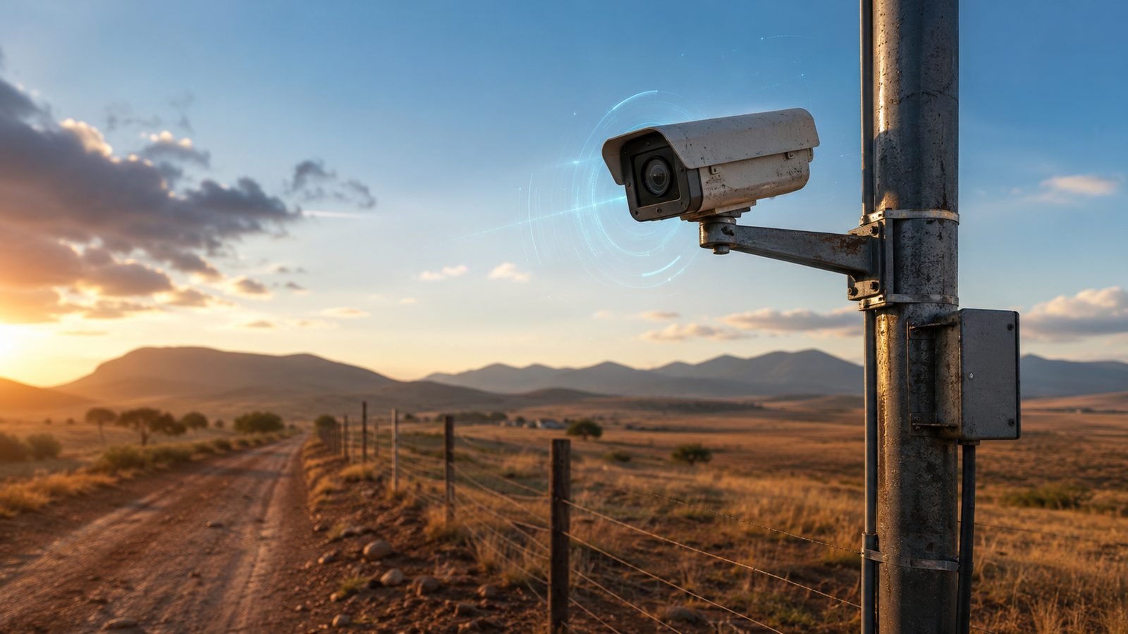 A security camera on a pole beside a farm fence and dirt road at sunset