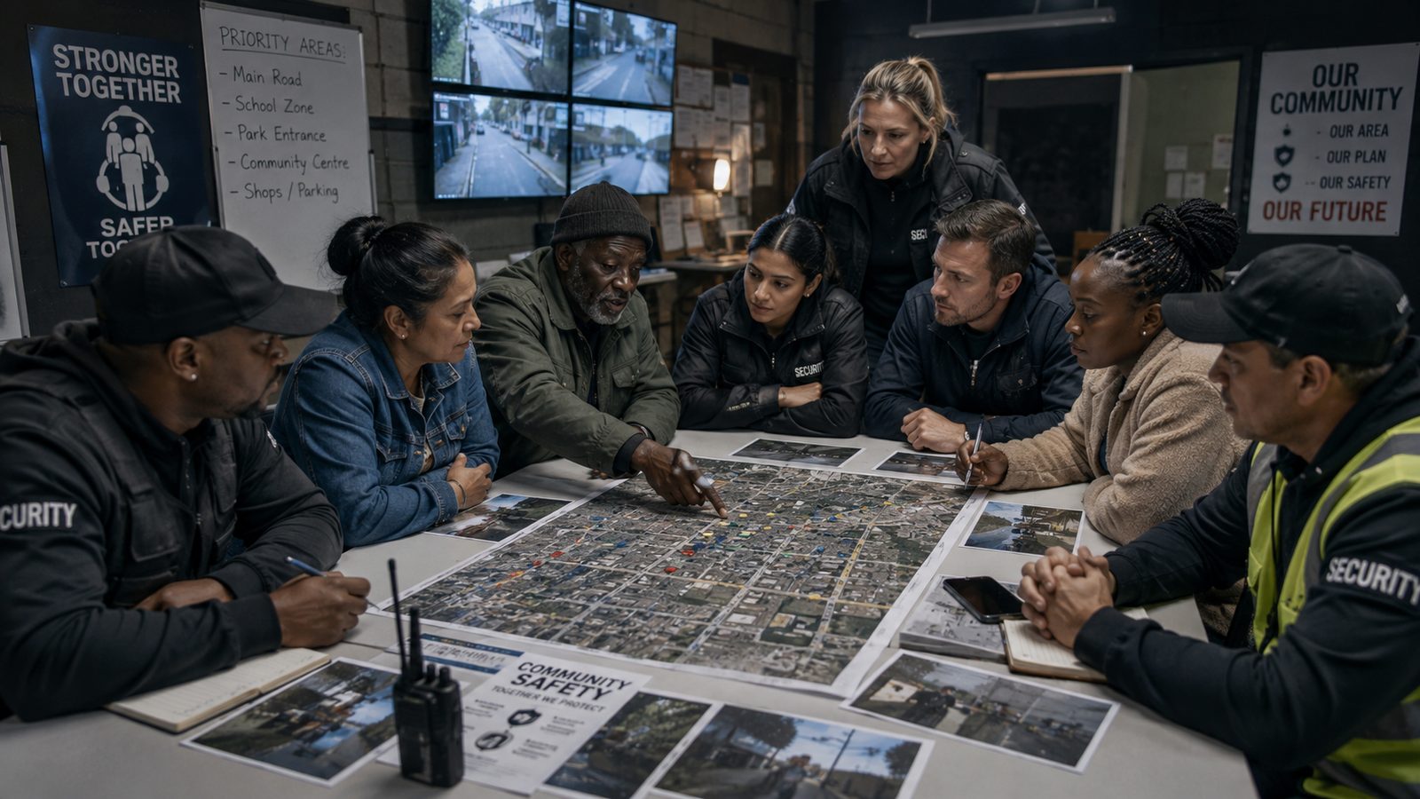Community patrol members and security staff gathered around a large aerial map in a control room with CCTV screens